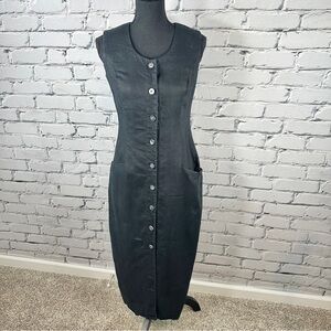 Lord & Taylor Vtg Linen Midi Dress Sz 4 Black Button Front Minimalist Lagenlook